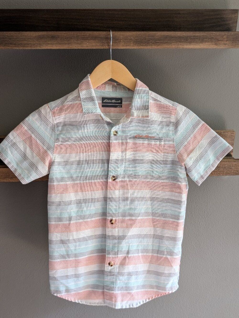 Eddie Bauer Boys Short Sleeve Button Up Striped Shirt Size Kids 8 Coral Teal